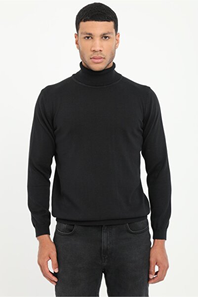 Dufy Siyah Tam Balıkçı Düz Regular Fit Erkek Triko