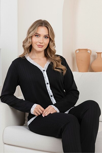 moda paketi Women's Lace Trim Ribbed Pajama Set – Long Sleeve, Stylish and Comfortable Loungewear