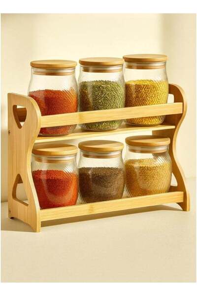 ALQANNAS 6-piece glass spice container, two-tiered, with a sturdy wooden stand.
