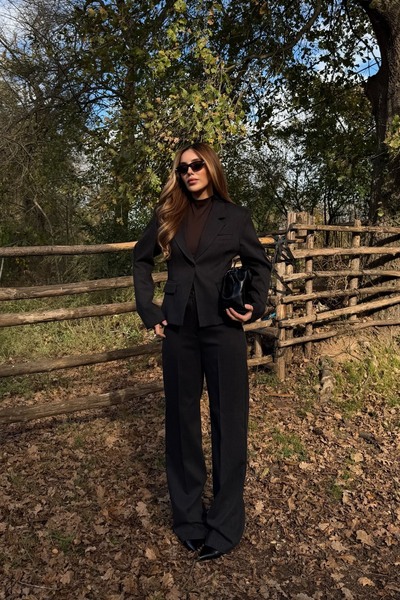 Laluvia Black Single Button Jacket Pants Set - 9480