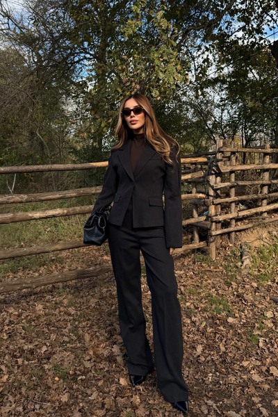 Laluvia Black Single Button Jacket Pants Set - 9480