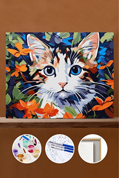Pastelya Sayılarla Boyama Seti Çerçeveli Kasnaklı Çiçekli Bıyıklar 50x65 cm K...