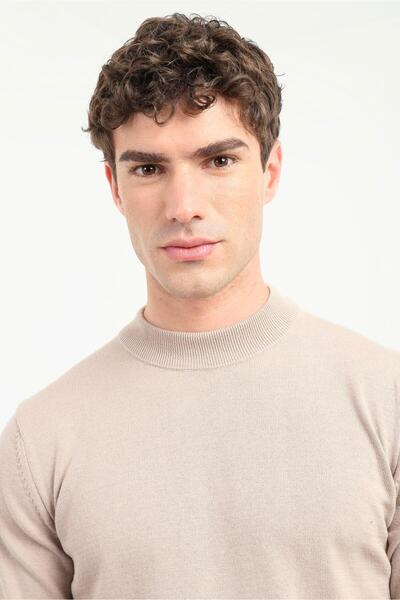 Dufy Bej Yarım Balıkçı Düz Erkek Regular Fit Triko