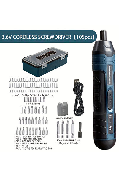 WINEENEE Heat-Resistant & Dustproof USB Cordless Screwdriver Kit with 105 Acc...