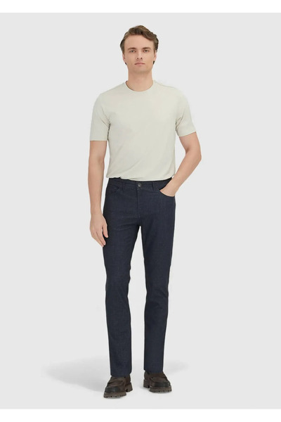 Ramsey Navy Blue Plain Woven Regular Fit Casual Cotton Blended Trousers