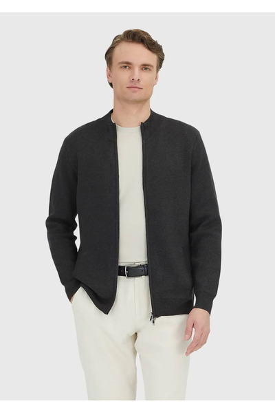 Ramsey Anthracite Half Turtleneck Plain Knit Cotton Blend Cardigan