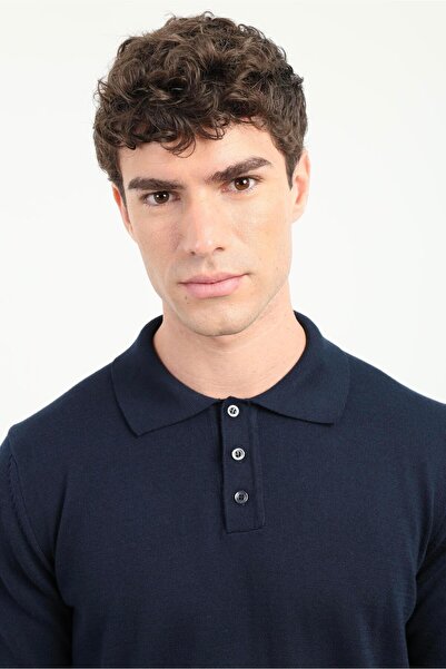 Dufy Lacivert Polo Yaka Uzun Kol Regular Fit Erkek Triko