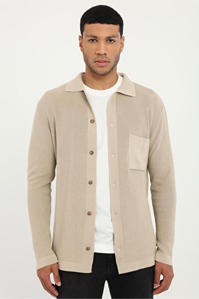 Dufy Bej Düğmeli Düz Regular Fit Erkek Triko Hırka