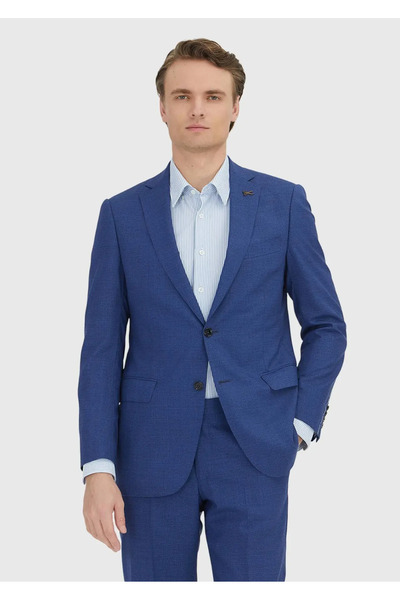 Ramsey Navy Blue Checkered Regular Fit 100% Wool Suit