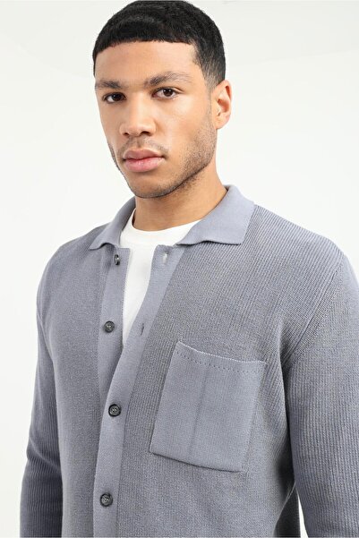 Dufy Gri Düğmeli Düz Regular Fit Erkek Triko Hırka