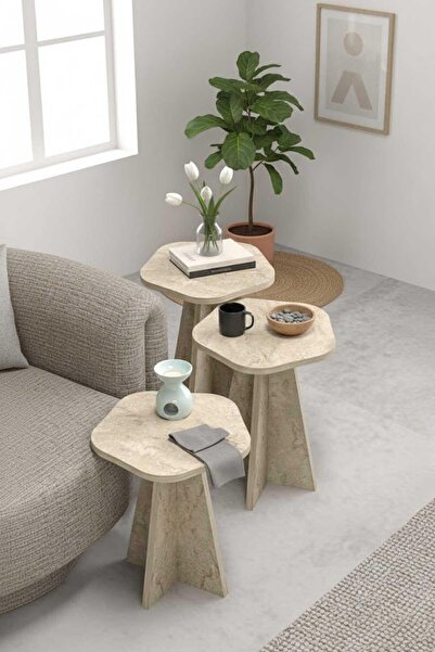 Reyo Falez Zigon Sehpa Dekoratif 3'lü Çok Amaçlı Yan Sehpa Çiçek Formlu Trave...