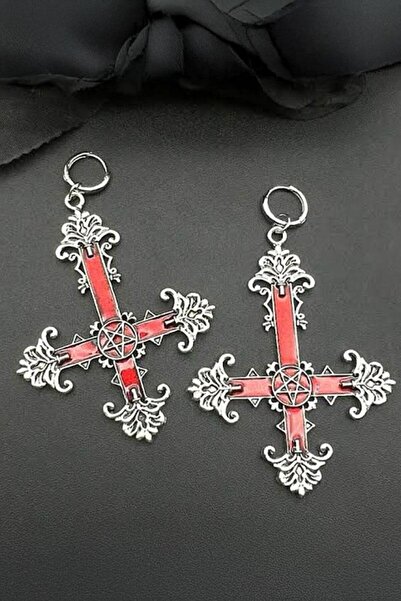 Karakedi Silver Red Gothic Cross Pentagram Earrings