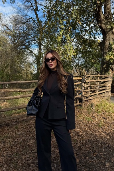 Laluvia Black Single Button Jacket Pants Set - 9480