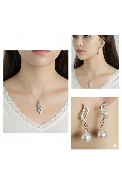 KORAY Elegant Sterling Silver 925 Set: Necklace and Earrings with Zirconia and Pearl