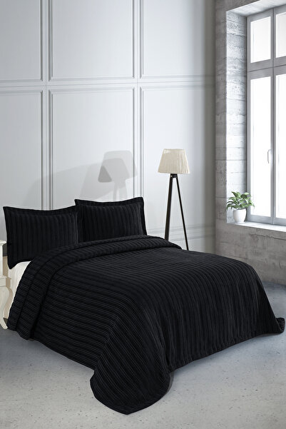 BİRHOME Terry Jakarlı Şönil Çift Kişilik Yatak Örtüsü (siyah)