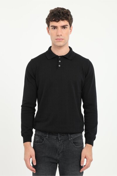 Dufy Siyah Polo Yaka Uzun Kol Regular Fit Erkek Triko