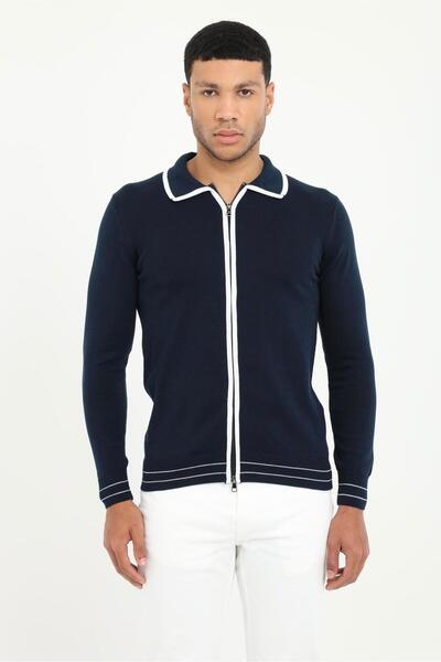 Dufy Lacivert Polo Yaka Düz Fermuarlı Regular Fit Erkek Triko