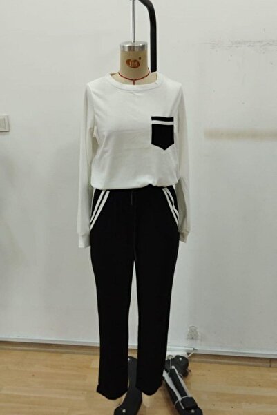 Mossta Set din două piese: bluză cu mâneci lungi și buzunare și pantaloni cu dungi laterale - alb