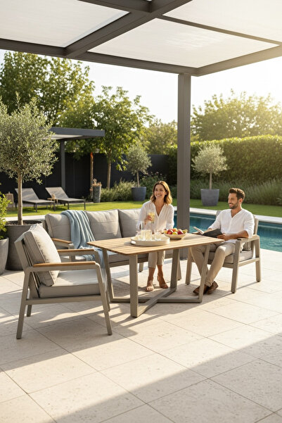 Sun Patio Luxora Premium Alüminyum İreko Ahşap 3+1+1 Demonte Oturma Grubu