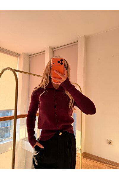 Lueurboutique Mürdüm Polo Yaka Düğmeli Kadın Kazak