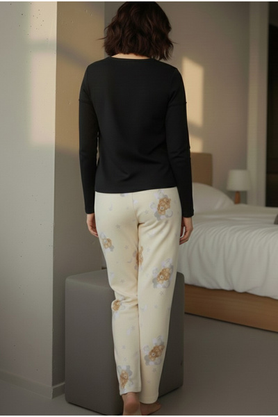 Siyah İnci Cream Teddy Bear Patterned Cotton Knitted Pajama Set 7975