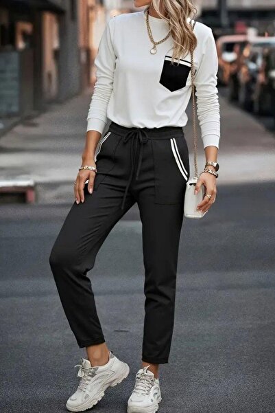 Mossta Set din două piese: bluză cu mâneci lungi și buzunare și pantaloni cu dungi laterale - alb