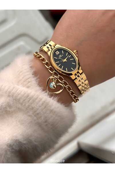 FERRO Vintage Women's Wristwatch, Mini Oval Case, Yellow Black Color Steel Band, Heart Bracelet Gift