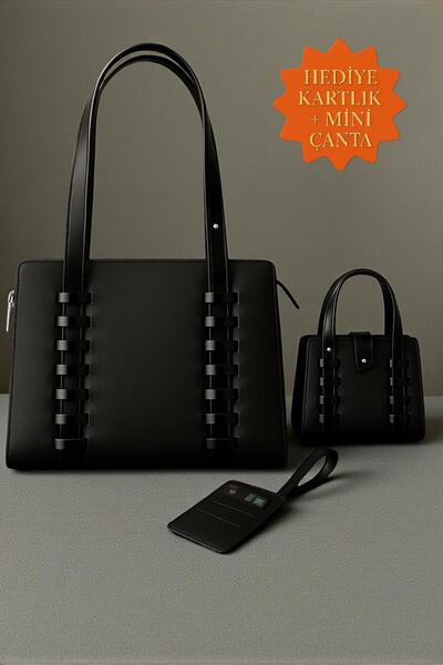 DEMESİ Kadın Kartlık Ve Minimal Çanta Hediyeli Siyah Crazy Fermuarlı Omuz Çan...