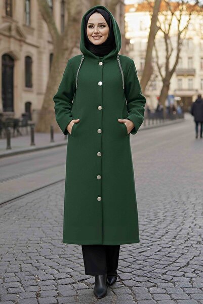 TOFİSA Buttoned Chain Detailed Cashmere Coat Zumrut - 28040-Zumrut