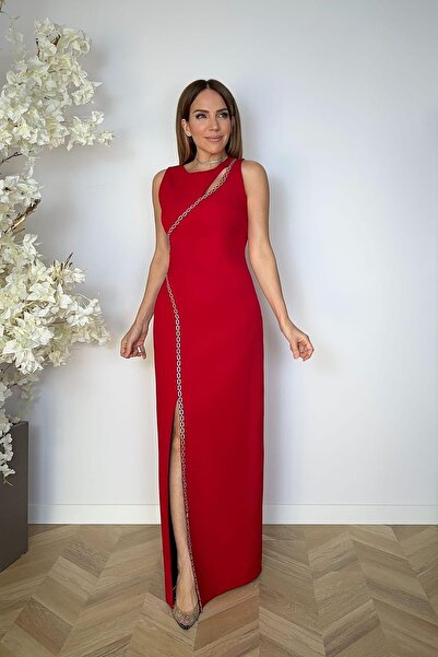 gesmoda G1134 Collar Detailed Design Evening Dress Red