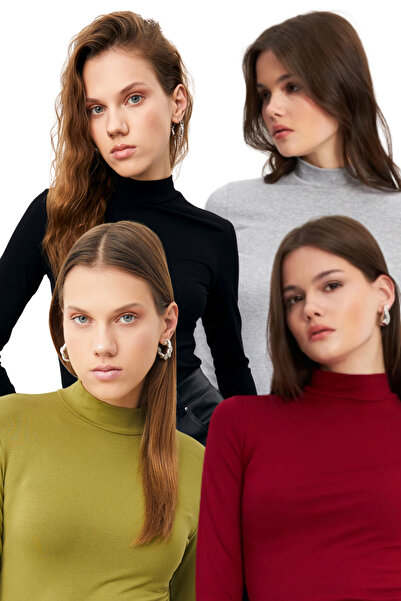 Bipantolon Women's Oil Green Black Light Gray Burgundy 4-Piece Half Turtleneck Basic Bodysuit