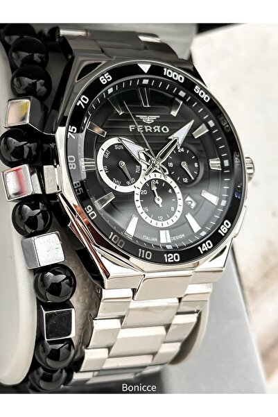FERRO With Calendar, Men's Wristwatch, Silver Steel Band, Black Dial, Functions Active, with Bracelet Gift