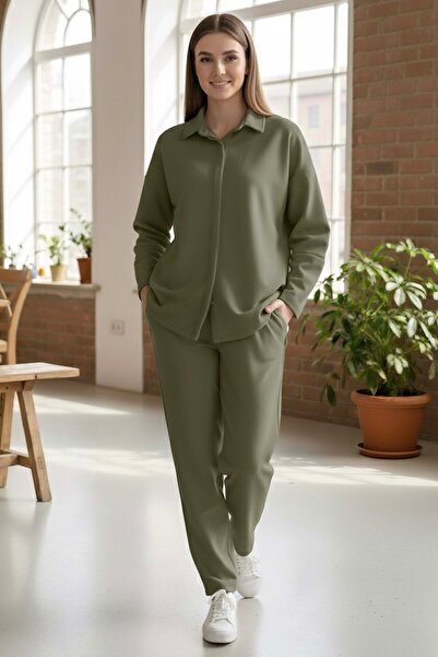 TOFİSA Wide Sleeve Modal Double Suit Khaki - 28059-Haki