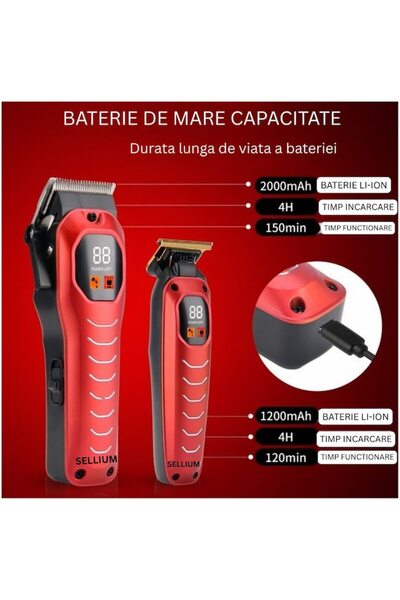 SELLIUM Set of 2 GM-8046 Hair Clippers, Contour Trimmer, USB-C Charging, 110V, Wireless, Red