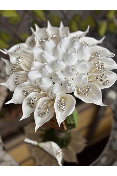 GÜRLEK TEKSTİL Taşlı Gala ve Islak Lale Gelin Buketi ve Damat Yaka Çiçeği Grlk