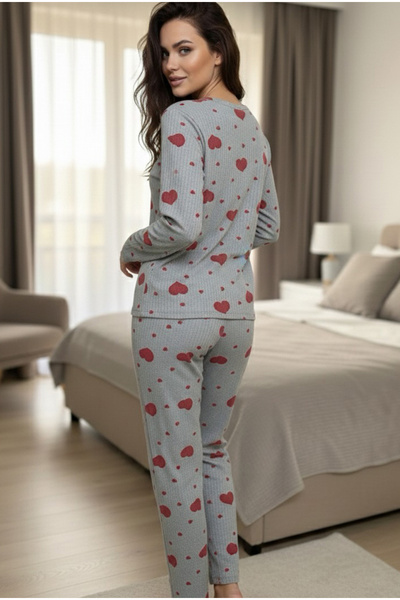 Siyah İnci Gray Red Heart Patterned Soft Touch Winter Corded Fabric Cotton Knitted Pajamas Suit 7977