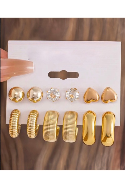 Other 12lü Su Damlası, C Şekilli ve Kalp Formlu Kadın Halka Küpe Seti,