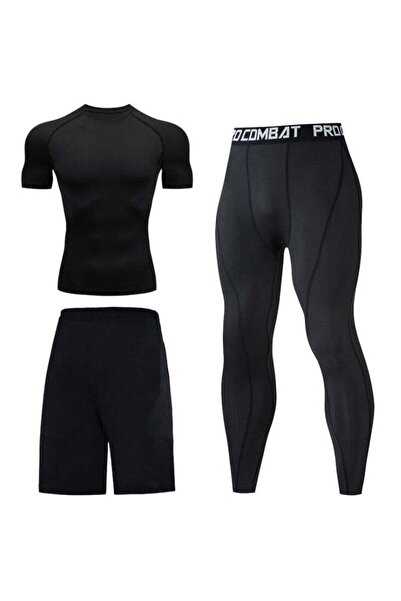 NIBEMINENT 3-Piece Running Fitness Suit, Tight Short Sleeves, Pants, Sports Shorts