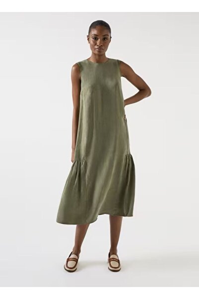 MG GİYİM STORE Khaki Sleeveless Relax Fit Midi Dress with Flywheel Detail
