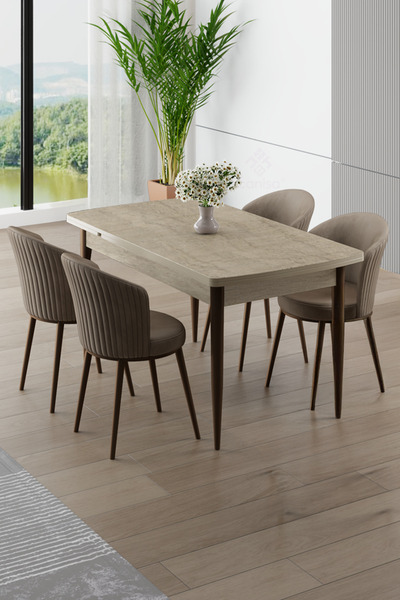 Canisa Asfel Serisi MDF 77x130 Traverten Yandan Açılabilir Mutfak Masası Takımı 4 Cappucino Sandalye