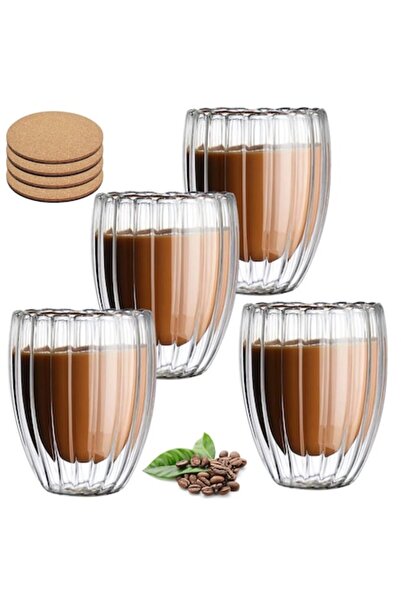 GABOS Set of 4 double-wall ribbed glasses 250 ml with 4 cork coasters (Ideas4Comfort)