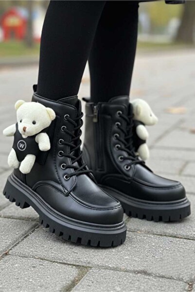 TOFİSA Girl's Black Boots with Teddy Bear Detail - 28038-Black