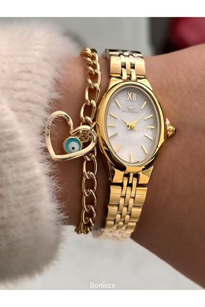FERRO Vintage Women's Wristwatch, Mini Oval Case, Yellow Color Steel Band, Heart Bracelet Gift
