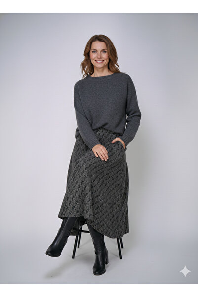 Oppland Women's Winter Piece Skirt Herringbone Patterned Fleece-Lined Elastic Waist Cotton Textured