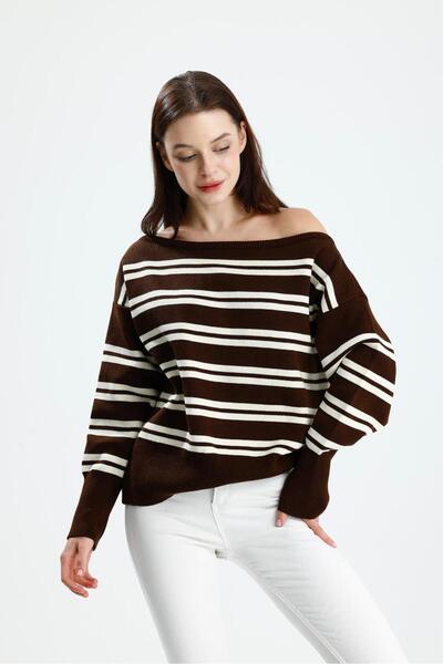 dgs look Women's Asymmetrical Rib Cut Boat Neck Striped Knitwear Sweater Brown