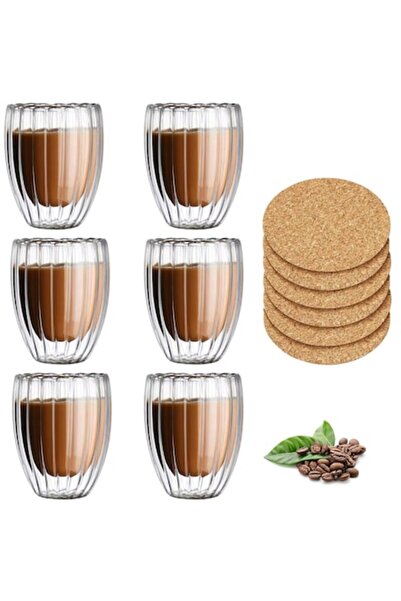 GABOS Set of 6 double-walled ribbed borosilicate glass cups 250 ml, transparent, with cork coasters