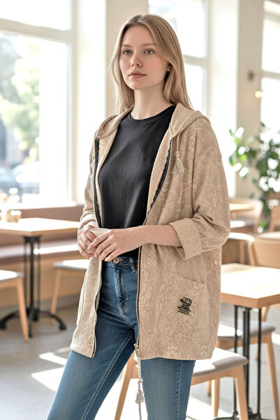 SEAY ITALY Kadın İtalyan Bengalin Likralı Cep Armalı Fermuarlı Kapşonlu Trençkot