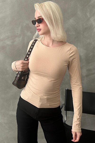 Madmext Γυναικείο κορμάκι μπεζ με λαιμόκοψη βασικό σχήμα MG1997