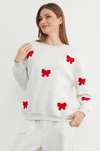 Fulla Moda 3 Thread Bow Embroidered Oversize Sweatshirt