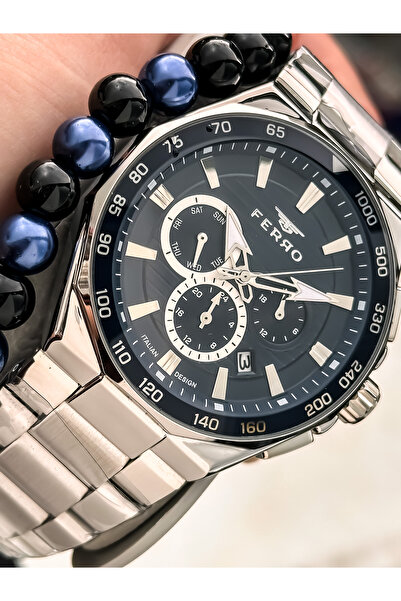 FERRO With Calendar, Men's Wristwatch, Silver Steel Band, Navy Blue Dial, Functions Active, with Bracelet Gift